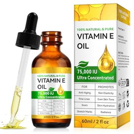 Vitamin E Oil for Scars & Skin - Natural Scar Treatment Oil, 75,000 IU, Non GMO, Cold Pressed, Anti-Aging Body Moisturiser, Fades Stretch Marks, Hydrates Dry Skin & Hair, 60ml