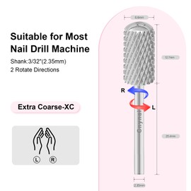 3/32" Large Barrel Smooth Round Top Tungsten Carbide Nail Drill Bit Safety Bit for Gel & Acrylic Removal, 2-Way Rotating Efile Tip, Salon Electric File Accessory (XC Grit, Silver)