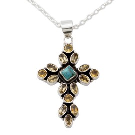 NOVICA Artisan Handmade Citrine Pendant Necklace Sterling Silver with Cross Reconstituted Turquoise Yellow India Buttercup Christian Gemstone Spiritual Religious [18 in L 2 mm W Pendant(s) 2 in L x 1]