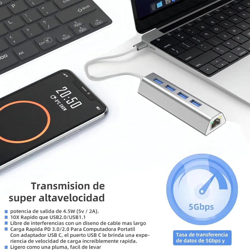 BAKEWAY Adaptador USB-C a Ethernet Gigabit 5 en 1 Hub