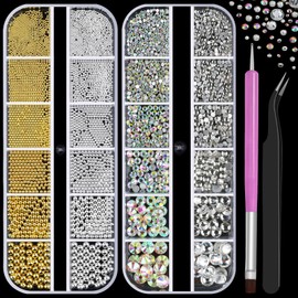 2 Boxes Metal Nail Beads and Glass Rhinestones with Tweezers and Brush Kit, 1.5-6mm Clear & AB Flatback Crystal Gems, 0.8-3mm Gold Silver Small Caviar Beads Balls for Face Makeup Manicure Crafts(2-K2)