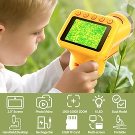 1600x Microscope for Kids, 2" Digital Screen Kids Microscopes, Handheld Pocket Microscope with Photo/Video, LED Light, 32GB, Slides, Rechargeable Portable Microscope for Boys Girls Ages 6,7,8-12