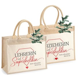 AMBERGER DESIGN by A&M Osterhage amd Personalisierte Jutetasche Lehrer/Erzieher/Hebamme mit Herz Name – Superheldin Motiv Geschenk Abschied Kollegin – Shopper groß Wunschname