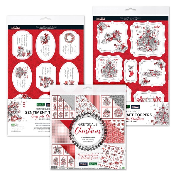 Katy Sue Kanban Crafts Greyscale Christmas Papercraft Collection Bundle Contains 24 Sheets of Double-Sided 8 x 8 Papers, 6 Sheets of Foiled Toppers & 2 Sheets of Sentiment Toppers.