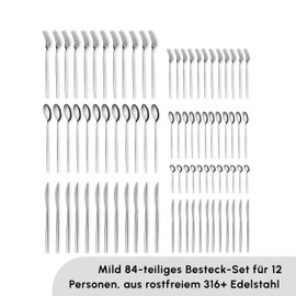 Karaca Mild 84-Piece Cutlery Set for 12 People - 316+ Stainless Steel, Dinnerware Tableware Silverware Service, Includes Fork, Spoon, Knife, Dessert Fork,Teaspoon, Mirror Polished, Silver