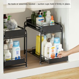 Basicwise Under Sink Organizer Sliding Wire Baskets Adjustable 2-Tier Metal Storage Rack for Bathroom Kitchen or Utility Cabinets Pull-Out Shelf for Toiletries Cleaning Supplies & Pantry Essentials