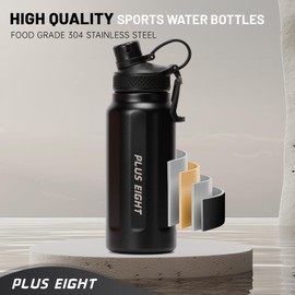 pluseight Sports Water Bottle, Insulated Water Bottle With Straw, Stainless Steel Water Bottle Wide Mouth for Sports, Gym or Office, BPA-Free Keep Cold 24H Hot 12H (Black, 750 ml)