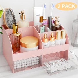 COMFYROOM Makeup Organizer with Drawers, Cosmetic Storage for Dresser Vanity and Bathroom Countertop, Beauty Holder for Lipstick Brush, Skincare Organizer for Vanity, Cosmetic Display Case (Pink-2Pack)