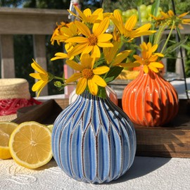 Iconic Scandi Baby Vases, Set of 3, Ribbed, Turquoise Blue, Ivory and Orange, Crackle Suffused, 4.25 Diameter x 4.25 Inches Tall, Modern Home Design, Centerpieces