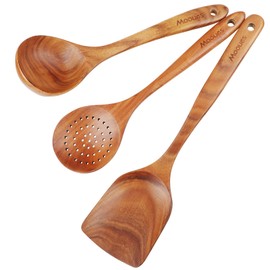 Mooues Wooden Spoons for Cooking, Wooden Utensils for Cooking Natural Teak Wooden Kitchen Utensils Set Comfort Grip (10 PCS SET)