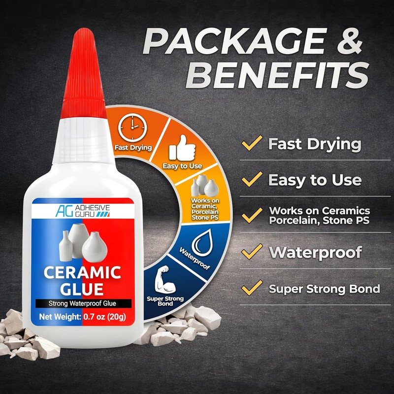Adhesive Guru Ceramic Glue (2x0.7 oz) Super Glue for Pottery,