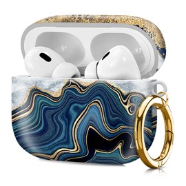Compatible with Airpod pro 2nd/1st Generation Case Cover with Gold Round Keychain Cute Pattern Hard & Anti Slip Cover for Men Women & Girls（Blue and Gold）