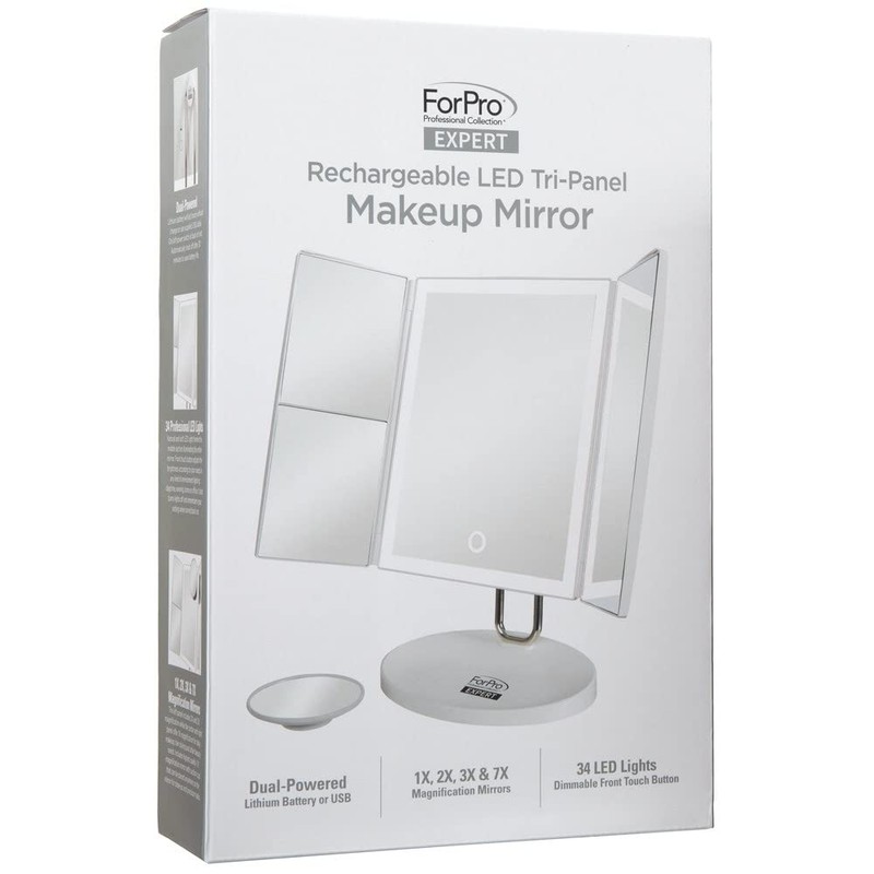 ForPro Professional Collection Expert Rechargeable LED Tri-Panel Makeup, Dual-Powered, Vanity
