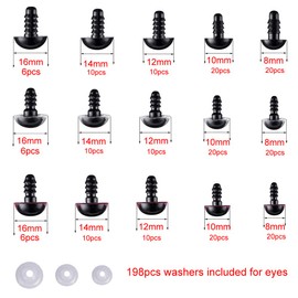 Bestartstore 198pcs 8/10/12/14/16mm Plastic Safety Eyes Black Brown Transparent(1box) 3colors Craft Plastic Eyes DIY Eyes with Washers for Teddy Bear Doll Animal Puppet Crafts