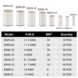 305PCS Wire Ferrules Kits, 12 10 8 6 4 2 1/0 2/0 Wire Crimp Connector Ferrules, Silver Plated Copper Crimp Terminal Connectors, Insulated Electrical Cable Pin Cord End Terminal Sleeves