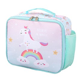 KEAIDUO Lunch Bag for Girls - Insulated Lunch Bag for Kids Portable Kids Lunch Box Cooler Lunch Bag for School with Bottle Holder and Water-Resistant Lining, Glitter Pink Unicorn Rainbow Unicorn