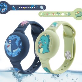 R-fun Waterproof Air Tag Bracelet [2 Pack] for Apple Air Tag Finder Cartoon Pattern, Anti-lost GPS Item Finder Case Cover, Green Dinosaur/Blue Shark