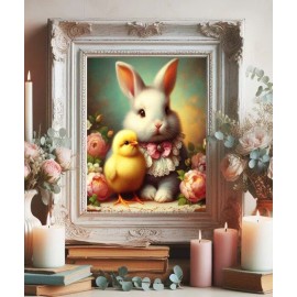Victorian Bunny Rabbit Chick Easter Spring flower Farmhouse Vintage art painting