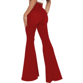 Red Bell Bottom Butterfly Jeans for Women Elastic High Waisted Raw Hem Classic Flared Jeans Embroidered Denim Long Pants(Red,Small)