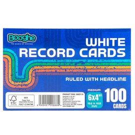 Booghe A6 White Record Cards - Ruled with Headline, 100 Cards -(Size 6x4) Pack of 1.