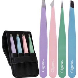 4-Piece Professional Tweezers Set with Case | Stainless Steel | Best Precision for Eyebrow, Splinter & Ingrown Hair Removal | Includes: Slant, Point, Straight, & Point/Slant