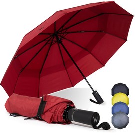 WLine Wind Mini Umbrella Folding Auto Open Close Teflon Fabric UV Resistant Sturdy Structure Bag 41" Diameter, Red without case