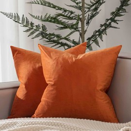 JUSPURBET Burnt Orange Velvet Throw Pillow Covers 24x24 inch Set of 2 for Living Room Couch Sofa Bedroom Decorative Square Solid Soft Cushion Cases with Invisible Zipper
