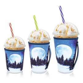 AJLTPA - Fundas aislantes para café helado para bebidas frías, paquete de 3 fundas de neopreno reutilizables con asa para tazas de café de 16 a 32 onzas (bosque nocturno de nieve)
