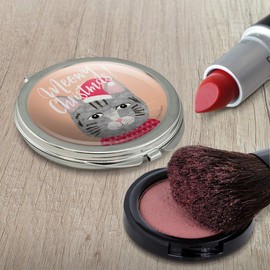 Meowy Merry Christmas Cat in Sweater and Hat Compact Travel Purse Handbag Makeup Mirror