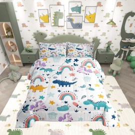 Manfei Cute Dinosaur Unicorn Comforter Set Twin Size,Cartoon Animal Star Rainbow Bedding Set Kids Girls Adult Room Decor,Kawaii Flower Leaf Down Comforter Soft Duvet Insert,1 Pillowcase
