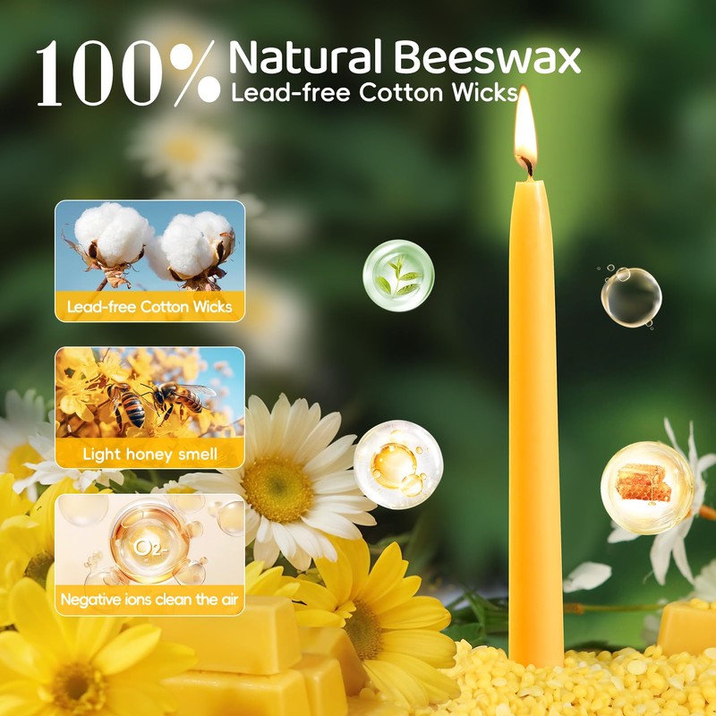 8 in Beeswax Taper Candles,8 Pack Dripless Pure Beeswax Candle