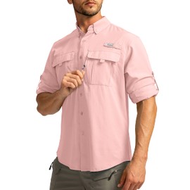 Men's Sun Protection Fishing Shirts Long Sleeve Travel Work Shirts for Men UPF50+ Button Down Shirts with Zipper Pockets(Light Pink Medium)