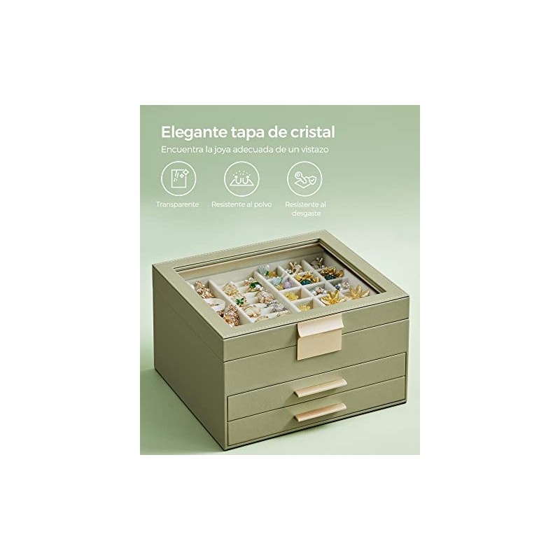 SONGMICS Caja de Joyas, 3 Niveles, Tapa de Cristal, 2
