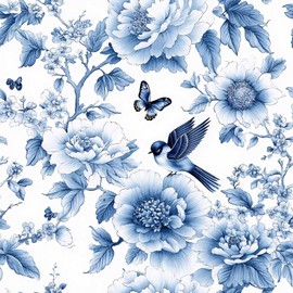 SuxiGlo Blue Floral Peel and Stick Wallpaper – Vintage Botanical Wallpaper with Birds and Butterflies for Home Décor | 17.7" x 118", Self-Adhesive, Waterproof Vinyl