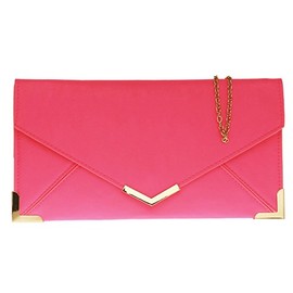 Girly Handbags Ladies Vintage Gold Tone Flat Clutch Bag Small Neon, fuchsia
