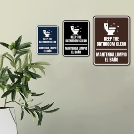 Signos ByLITA - Letrero redondo para mantener el baño limpio para puerta o pared | Señales bilingües españolas de higiene para negocios y oficinas (plata cepillada), paquete grande de 2 unidades