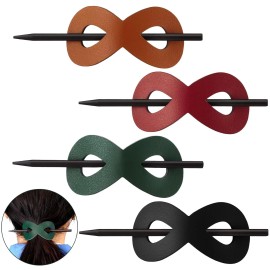 Juinte 4 Pieces Leather Hair Barrette with Stick 8 Shape Ponytail Clip Leather