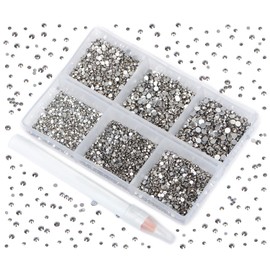 Bymitel 7200 Pieces 6 Mixed Sizes Glue Fix on Glass Rhinestones Round Crystal Gems Flatback for DIY Jewelry Making with one Picking Pen(6-Sizes 7200PCS, Jet Hematite)