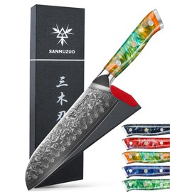 SANMUZUO Santoku Knife - 7 inch - Xuan Series - VG10 Damascus Steel Kitchen Knife - Resin Handle (Fantasy Orange)