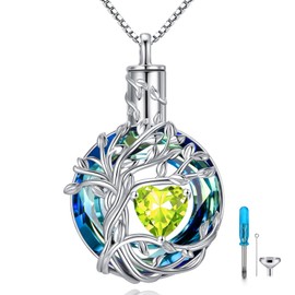 TOUPOP Cremation Jewelry for Women White Gold Plated s925 Sterling Silver Family Celtic Tree of Life Heart Birthstone Urn Pendant Necklace for Ashes Memorial Keepsake Jewelry with Funnel Filler for Women (White Gold - Blue Austrian Crystal, 08-Aug-Perido