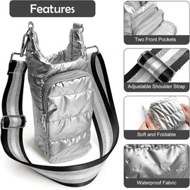 FANGXIN Crossbody Hydrobag Water Bottle Carrier Bag - Quilted Crossbody Water Bottle Holder with Strap, Stylish Puffer Tote Bag for Outdoor Travel (Bright Silver)