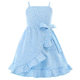 Somlatrecy Girls Spaghetti Strap Floral Dress Ruffle Trim Tie Side Mini Dress 5T Light Blue