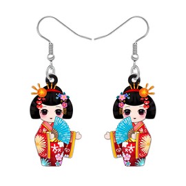 WEVENI Acrylic Japanese Gift Kimono Kokeshi Doll Earrings Dangle Drop Cute Stuff Kawaii Gifts for Japan Lovers Costume Jewellery for Women (Red)