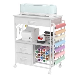 VENNQD Storage cart Compatible with Cricut Machines Stand Cutting Machine Stand with Drawers and Vinyl Roll Holder Rolling Craft Cabinet Table for Cricut Craft Workstation for cart Craft Room (White)