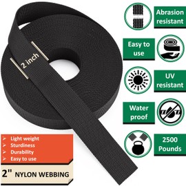 DEYACE 2 Inch Nylon Webbing Strap with Plastic Tri-Glide Slide Clips, 10 25 50 Yards Heavy Duty Nylon Strapping for Indoor or Outdoor Gear, DIY Crafting, Repairing (Black, 2" x 25 Yards)