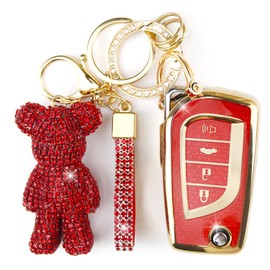 Rayslesan Cute Key Fob Cover with Rhinestone Bear Charm, Bling TPU Smart Key Case for Women, Compatible with Toyota 4Runner,Avalon,Camry Corolla Fortuner Highlander RAV4 LE (4-Button, Gold Red)