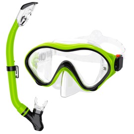 Snorkeling Gear for Kids with Foldable Silicone Full Dry Snorkel, Kids Snorkel Set Anti Leak Youth Junior Snorkeling Package Diving Mask Soft Tube with Mesh Bag Swimming Goggles, Green+Black