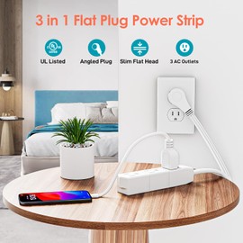Kasonic 25FT Flat Plug Extension Cord, UL Listed 16/3 SPT-3 1625W Power Strip with 3 Outlets, 3 Prong Grounded 13 Amp 125V Indoor Extension Cord for Home Office