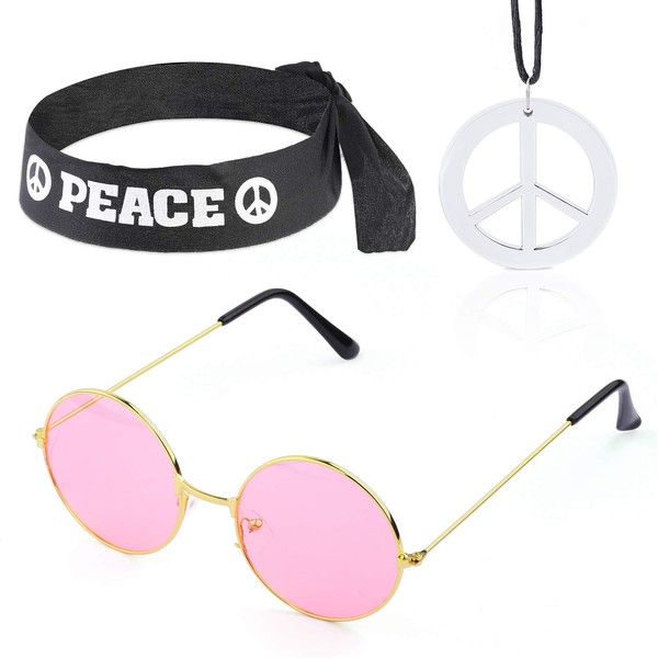 Beelittle Hippie Costume Set - 60's Style Circle Glasses Peace Sign Necklace Hippie Headband 60s Party Accessory Kit (B)