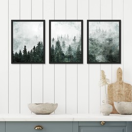 SIGNWIN Framed Foggy Pine Tree Wall Art, Set of 3 Forest Mountain Wall Decor Prints, Nature Wilderness Wall Décor for Living Room, Bedroom - 12"x16" Black